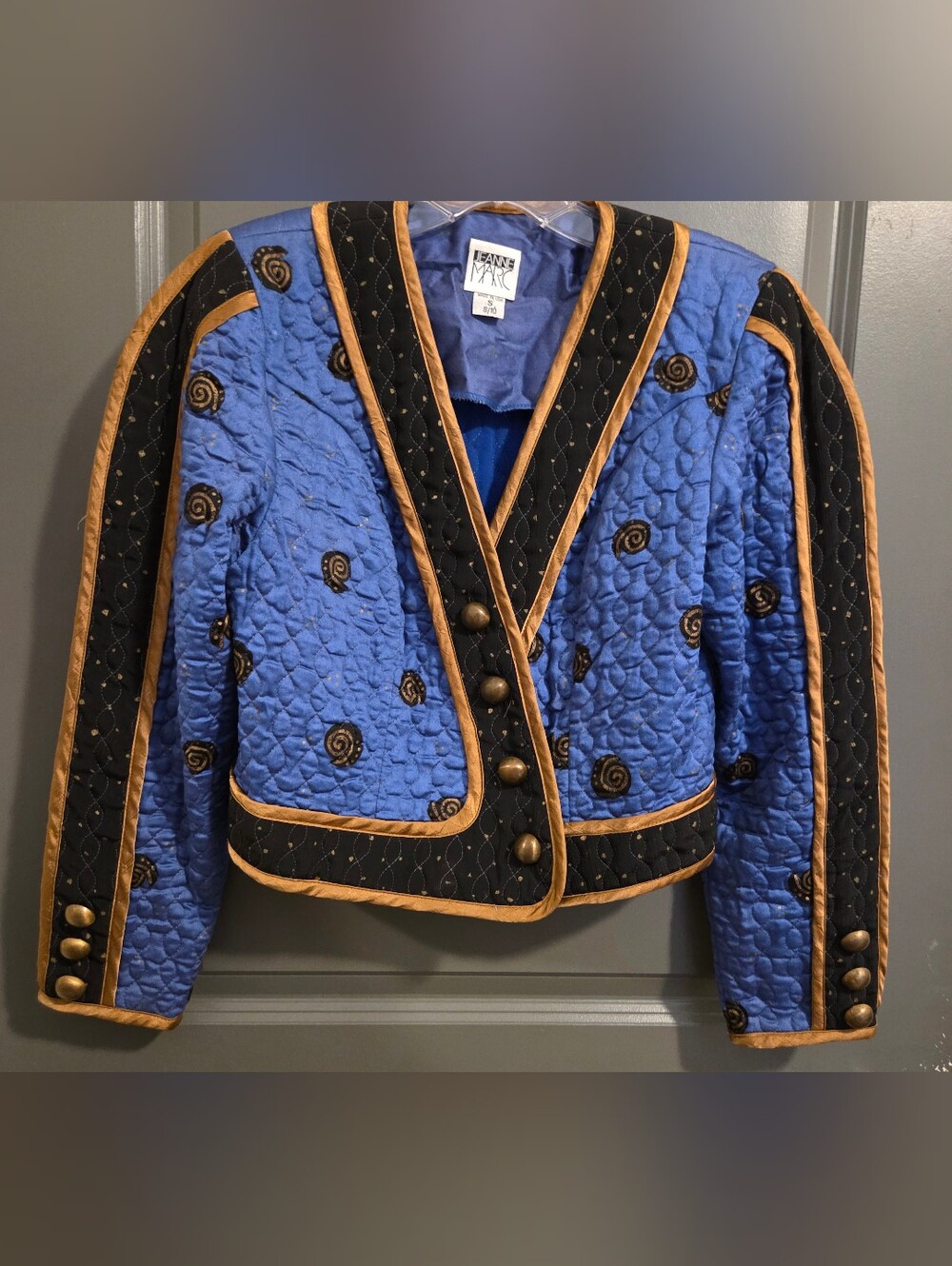 Jeanne Marc Vtg Electric Blue Swirl Quilted Jacket Gold Piping Gold Buttons 8/10